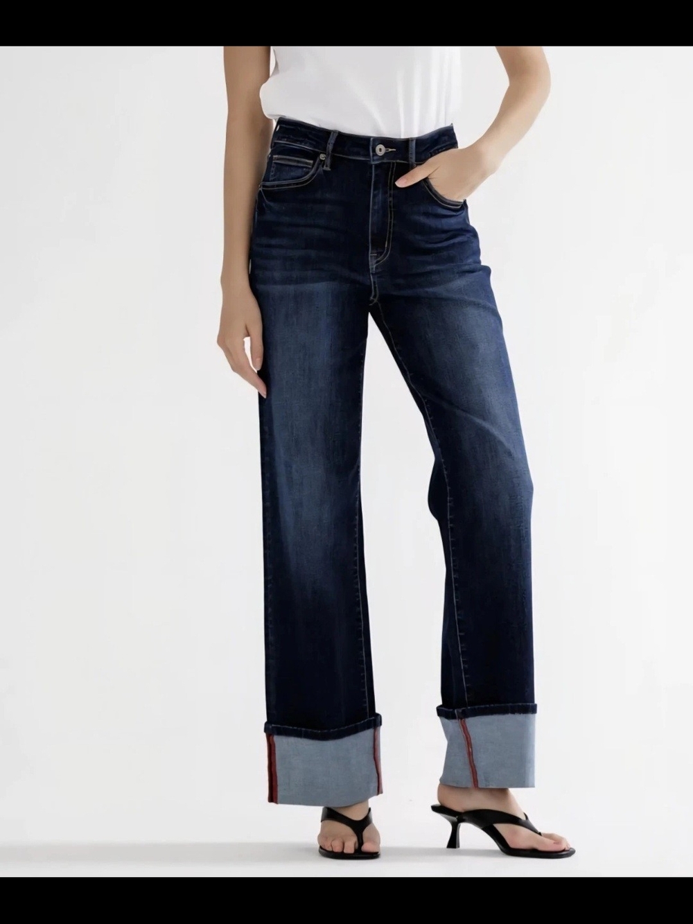 High-Rise Wide-Leg Jeans in Dark Indigo with Rolled Contrast Cuff